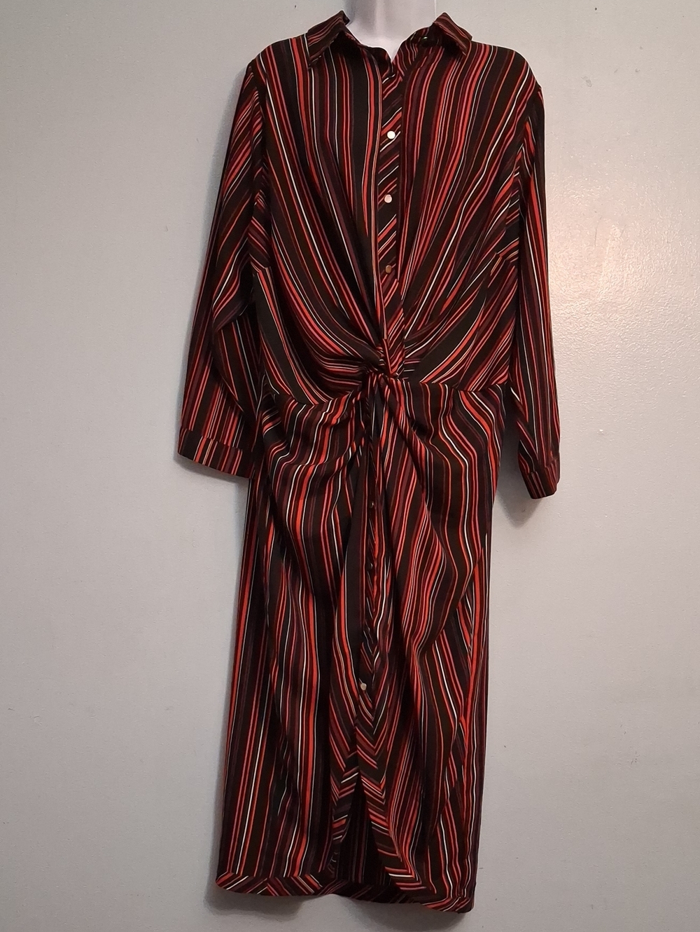 City Chi Size 16(S) Women's Striped Tie-Front Midi Dress in Black and Red.